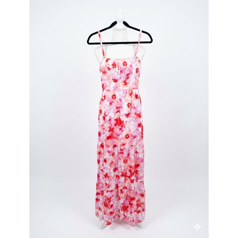 BCX Pink Red Floral Maxi‎ Dress Small Sleeveless Tiered Smocked Back Summer